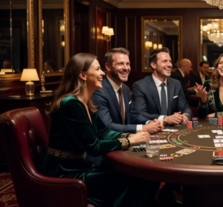 Zadowoleni goście korzystający ze stołów pokerowych i blackjack podczas ekskluzywnych wydarzeń